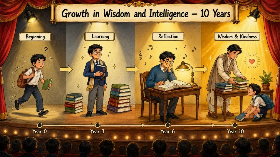Stage sequence showing growth in wisdom and intelligence over ten years