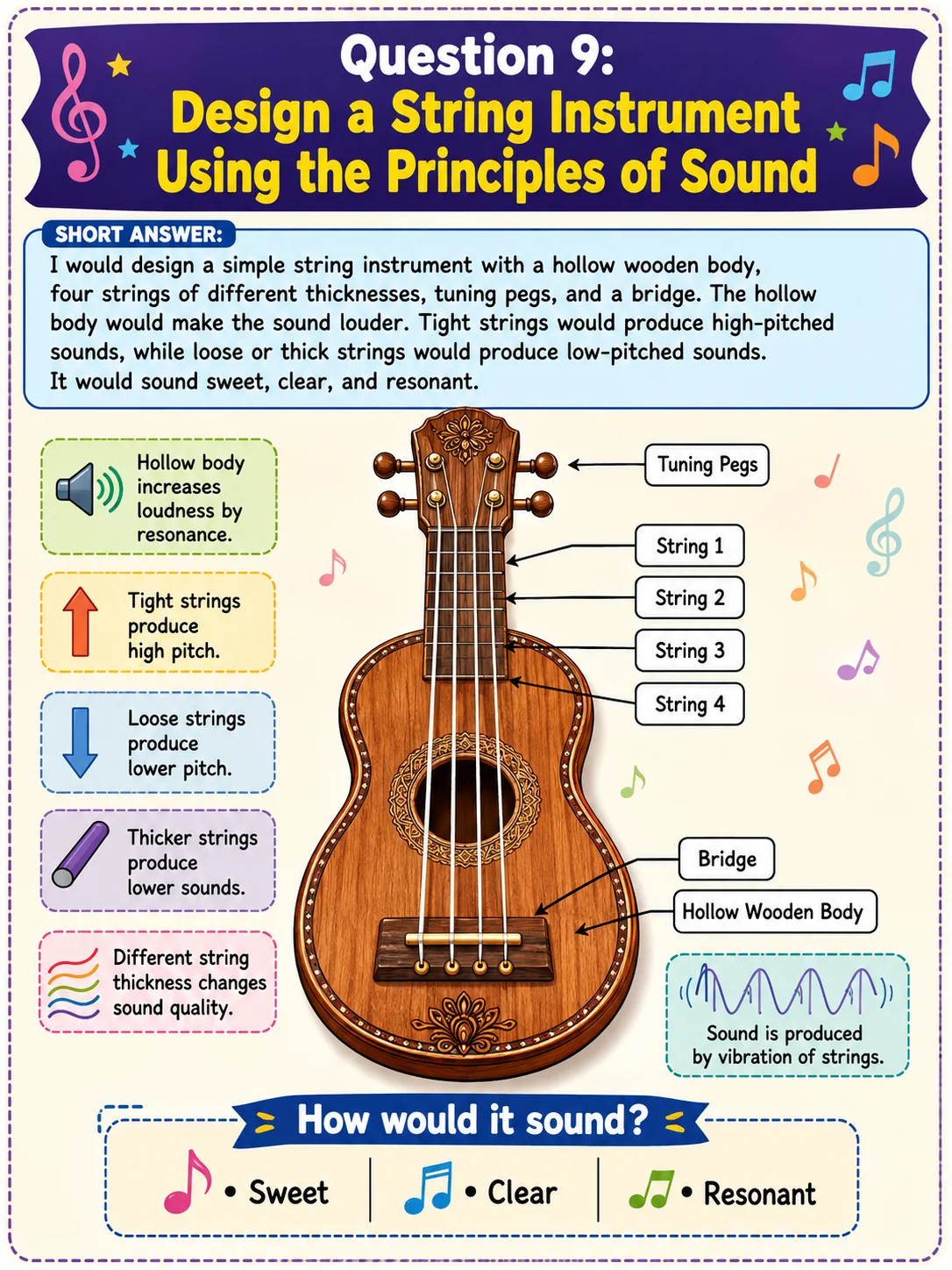 Design of a four-string instrument showing how vibration, tension, thickness, and resonance affect sound